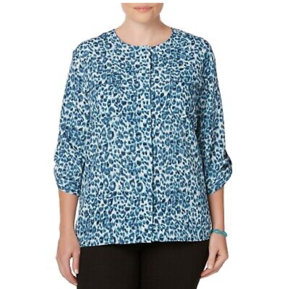 Laura Scott Ladies Plus Blouse Animal Print Size 1X Blue Animal Print